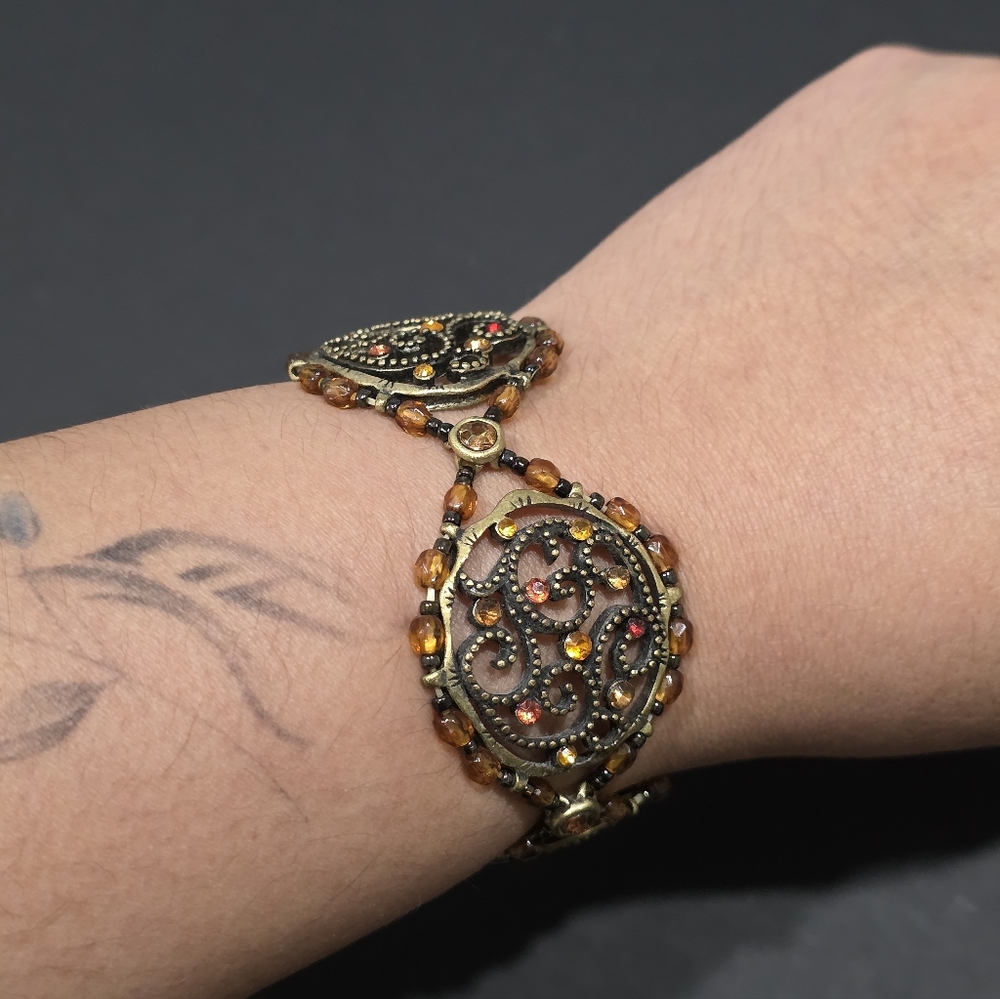 Vintage Filigree Brown MultiColor Rhinestone Bead Antique Style Stretch Bracelet